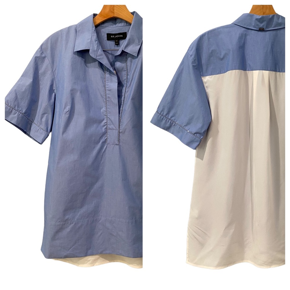 St. John Sport Chambray Silk Beaded Popover Blouse Top Shirt P